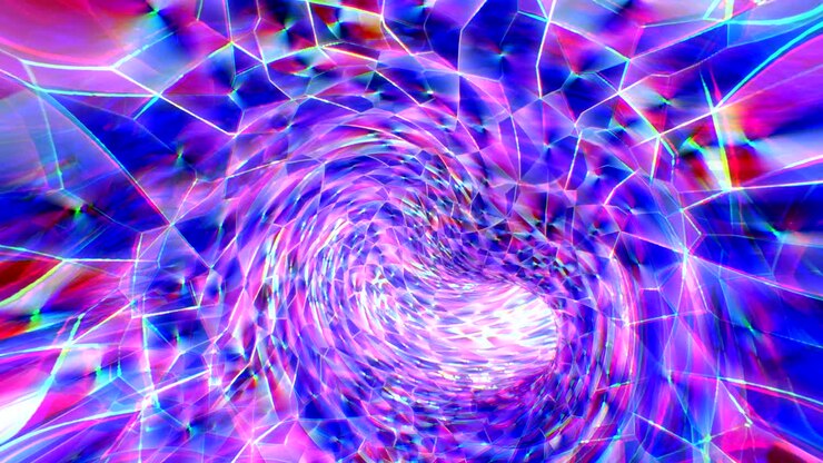 Abstraktní kaleidoskopické 3D vírové záběry. Zářící nekonečný tunel rychle se pohybující animace. Kroutící se trubice uvnitř dynamického pohybu. Modré a růžové skleněné střepy s bílými čarami. Barevné mozaikové portálové video