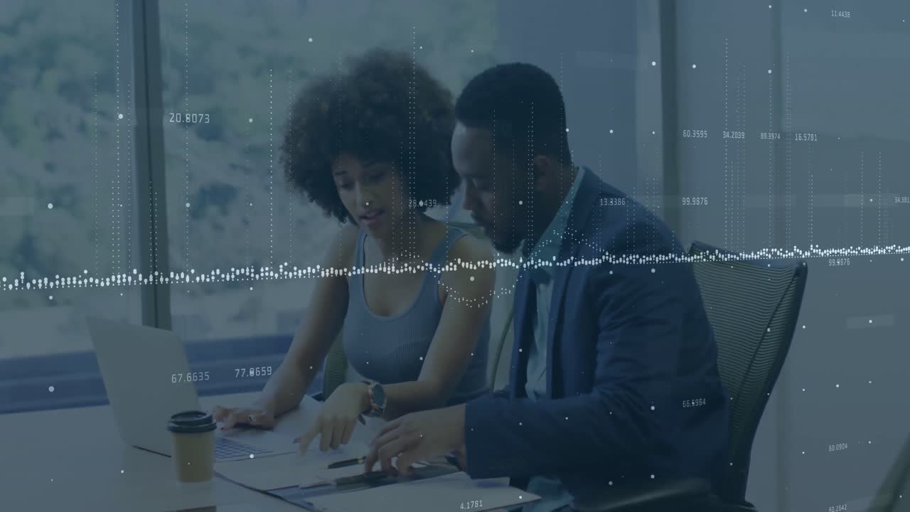 Animation of statistics and financial data processing over diverse business people working in office