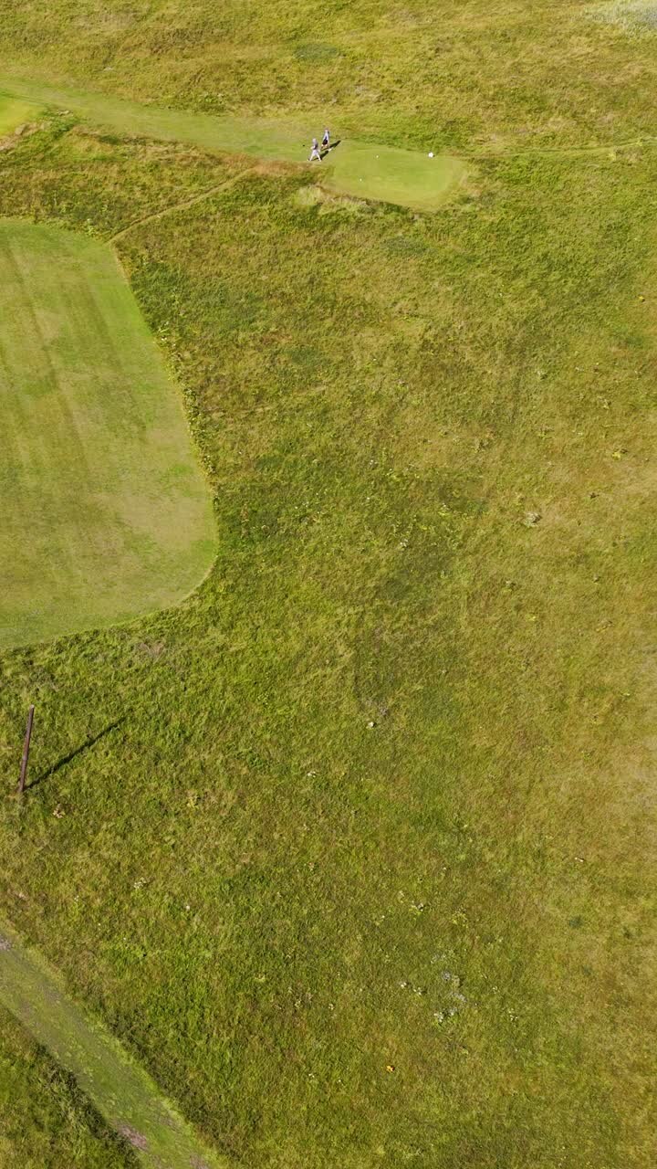 Drone captures golfers walking on green fairway, bright daylight, wide landscape, smooth aerial movement