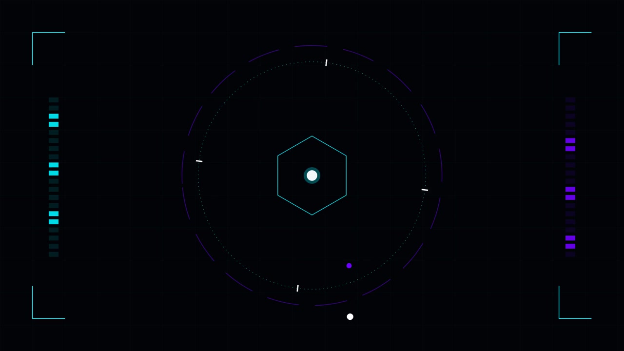 Futuristic Digital HUD Interface with Rotating Hexagon and Data Elements