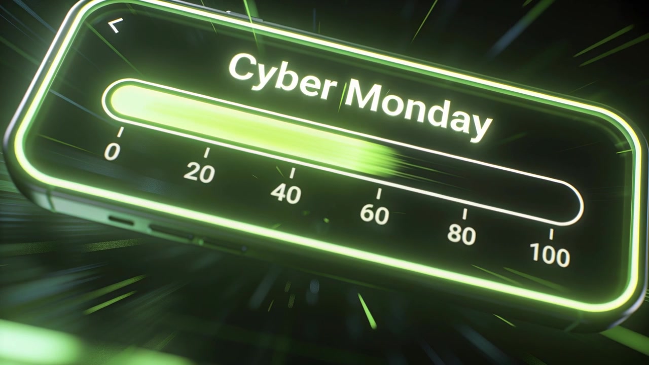 Promozione in avvio in uno spazio al neon, telefono che mostra il Cyber Monday, barra di avanzamento che si sposta al 70% con cornice.