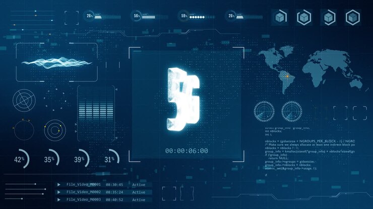 Motion graphic of Blue digital 3D 5G logo with head up display ( HUD ) background and futuristic technology abstract background