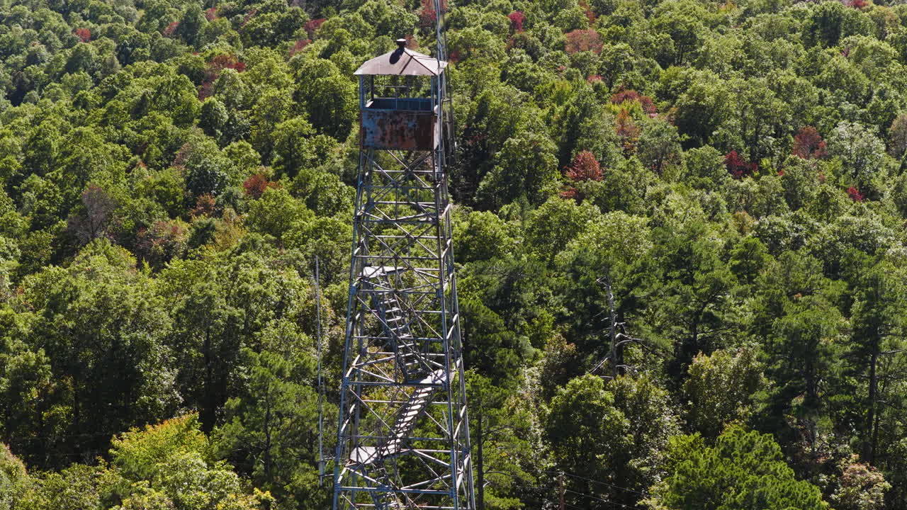 Torre di osservazione di Devils Knob con vista sul paesaggio boschivo a Hagarville, Arkansas. Ripresa aerea in avvicinamento