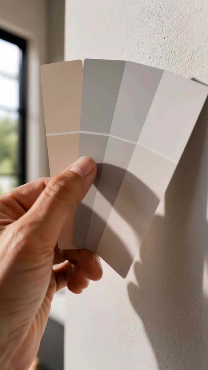 Una mano in primo piano sposta delicatamente quattro campioni di vernice neutra accanto a una parete interna texturizzata, con luce diurna soffusa da una finestra luminosa e calde tonalità beige-grigie che creano un'atmosfera di arredamento domestico moderno e pulito.