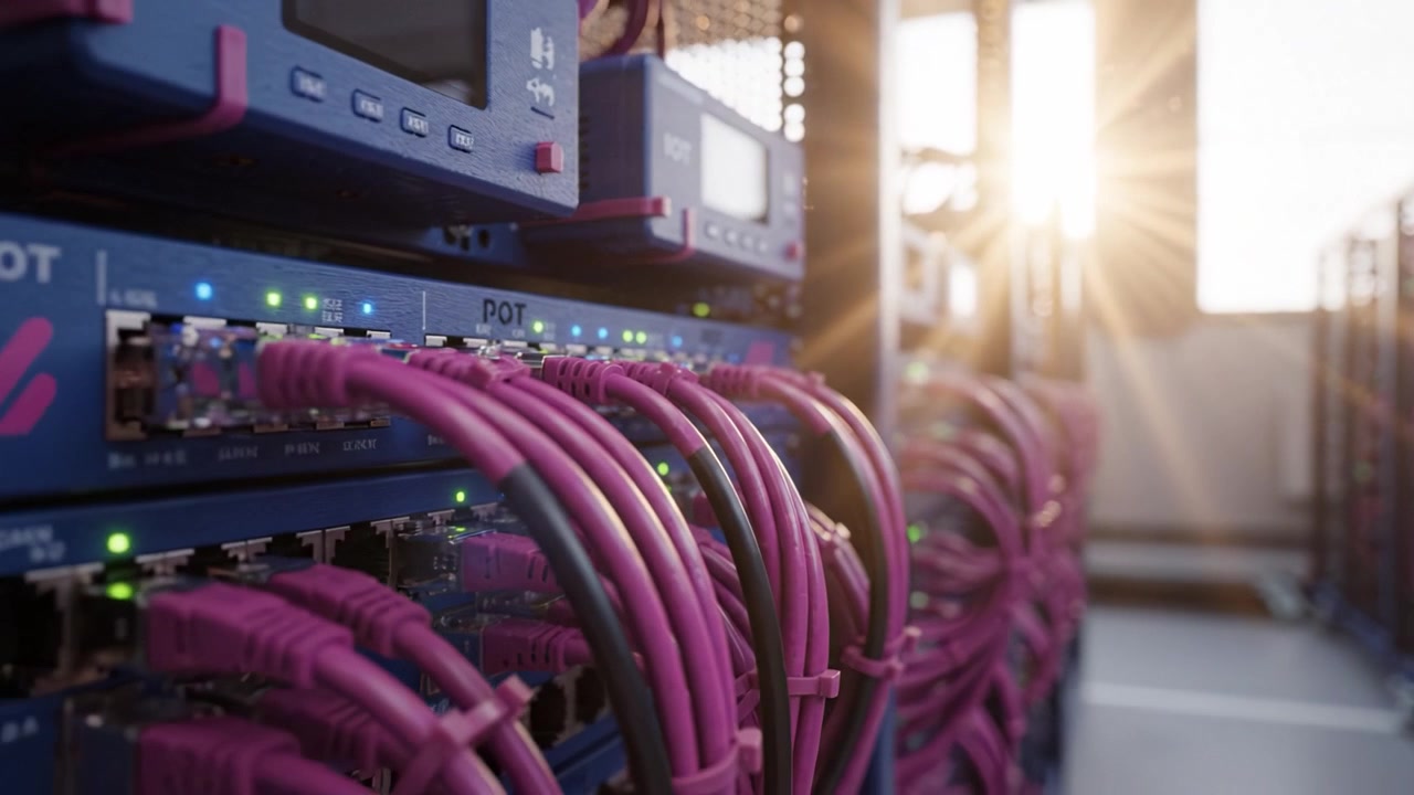High-Tech Networking Setup with Colorful Cables and Sunlight Highlighting Digital Infrastructure in a Modern Data Center Environment