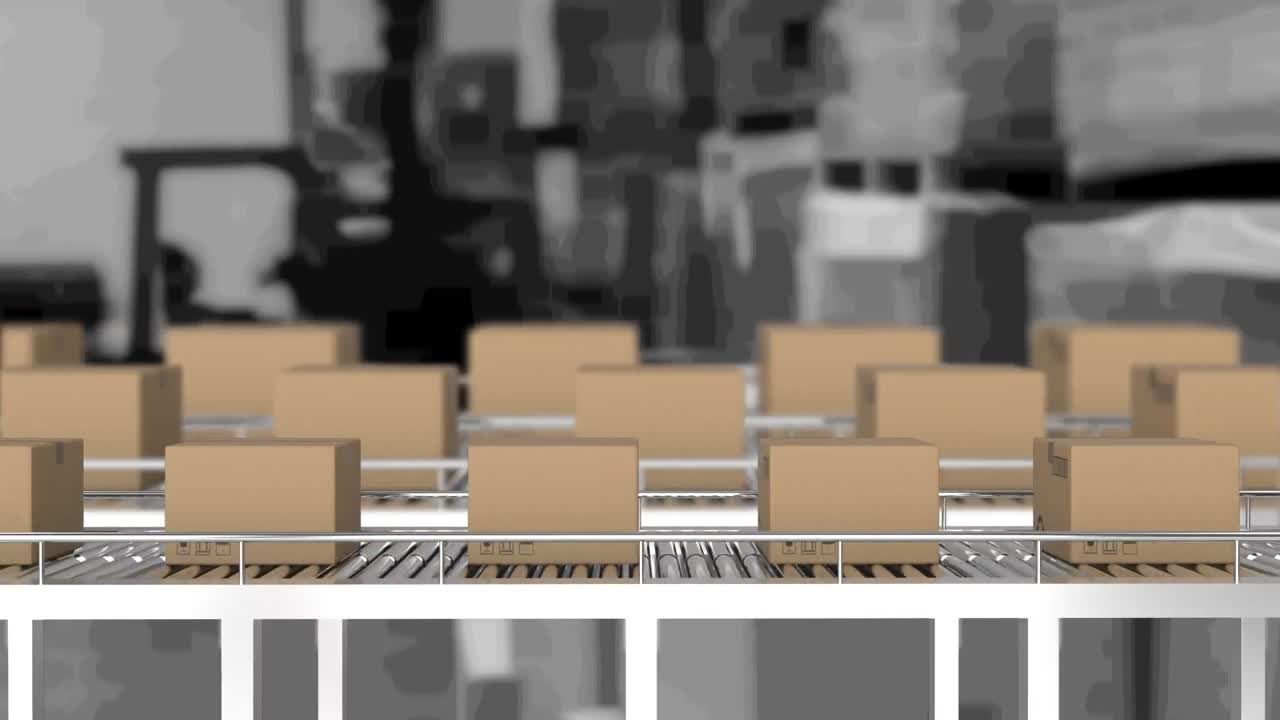 창고에서 컨베이어 벨트에 움직이는 카드보드 상자의 애니메이션