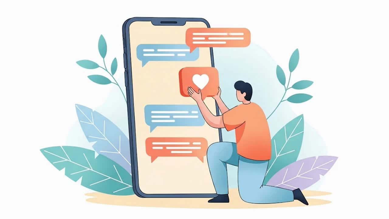 Uomo che invia un messaggio d'amore con un'icona a forma di cuore su uno smartphone
