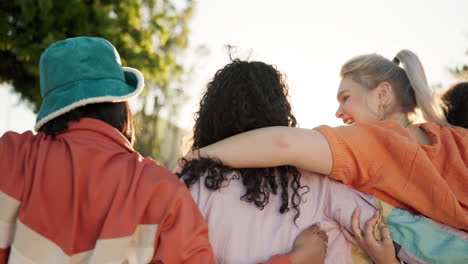 back, happy or friends hug in park on holiday