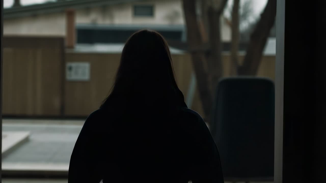 Turning woman in coat stepping from doorway into yard fence, bin, being drawn by bright light