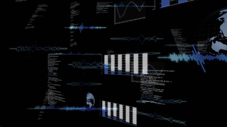 Animation of digital interface and data processing on black background