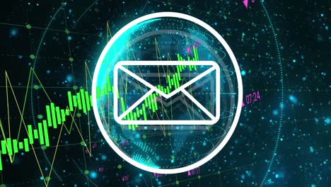 Animation-of-envelope-and-globe-in-circle-over-multiple-graphs,-changing-numbers,-illuminated-dots