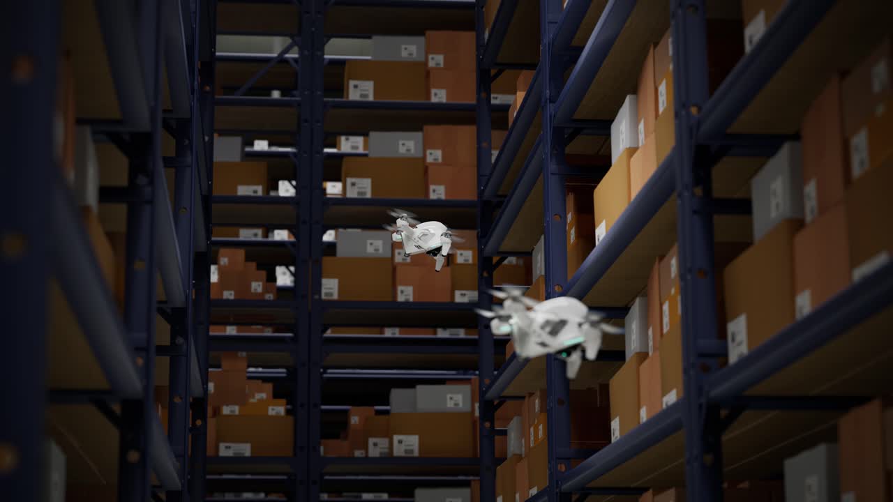 animación con drones de almacén escaneando códigos qr en las cajas de cartón en un estante metálico sistema totalmente automático no tripulado de distribución de carga proceso logístico eficiente coordinado por computadora