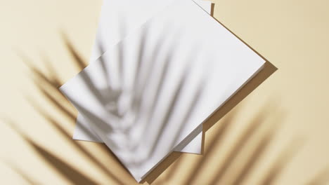 video of shadow of plant over books with blank white pages and copy space on yellow background