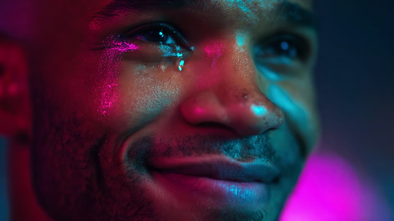 A profound emotional moment captured in vibrant colors, showcasing the beauty of vulnerability and expression, revealing a mix of joy and introspection through the tears of a smiling individual