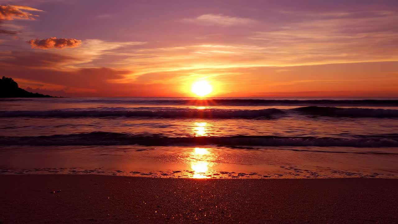 Stunning sunset over ocean waves, captured from a low angle, perfect for a serene video