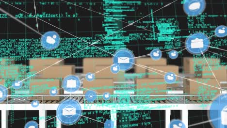 Animación-De-Red-De-Conexiones-Con-Iconos-Y-Procesamiento-De-Datos-Sobre-Cajas-En-Cinta-Transportadora.