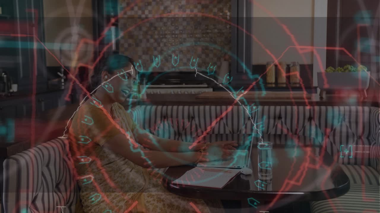 Adult woman typing on laptop as HUD overlay drifts in, highlighting data for technology demo