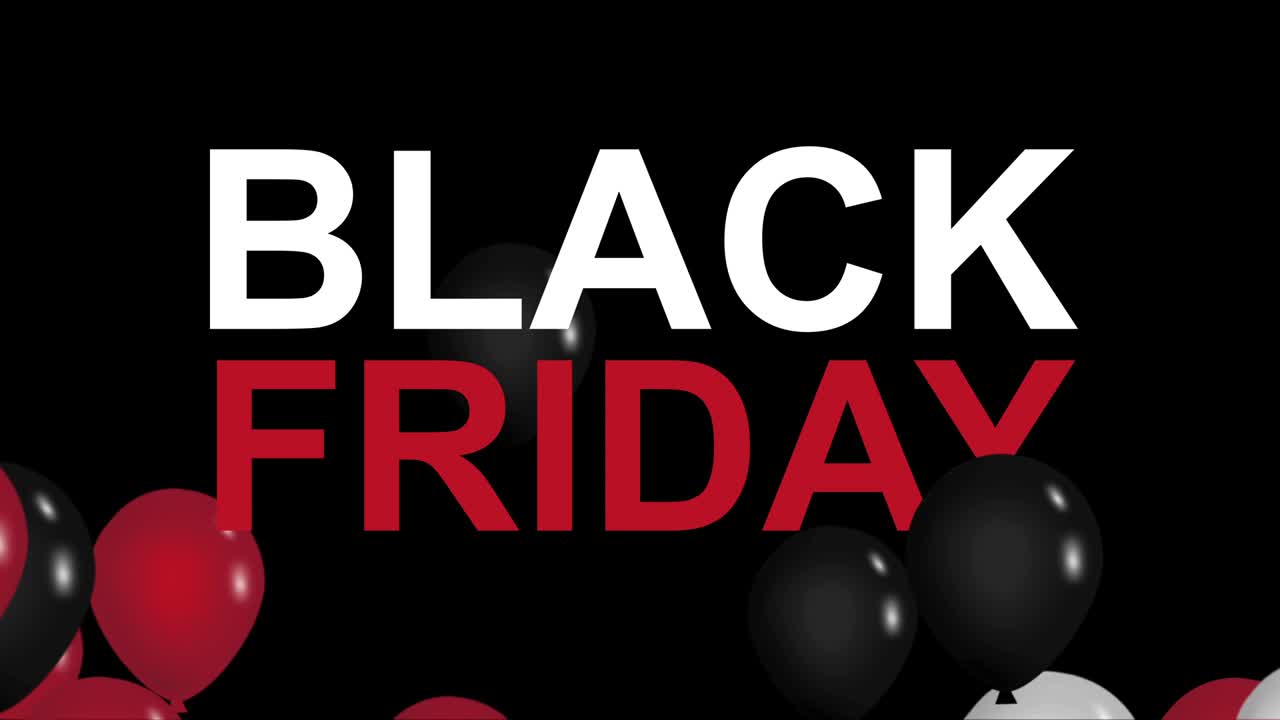 реклама черной пятницы с красными, белыми и черными воздушными шарами, фон 4k анимация беспрепятственный цикл