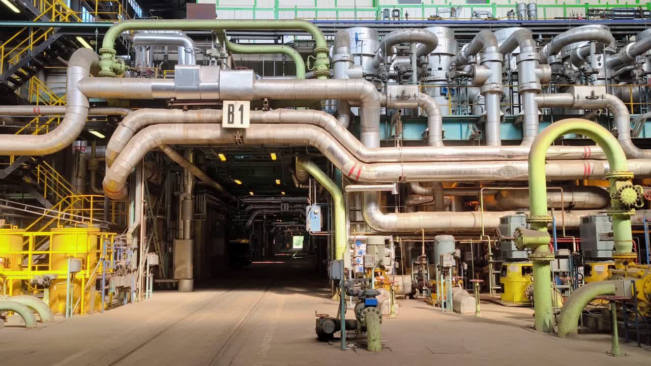 Engine room of a coal-fired power plant, with extensive machinery and complex piping systems in view, establishing overview pan