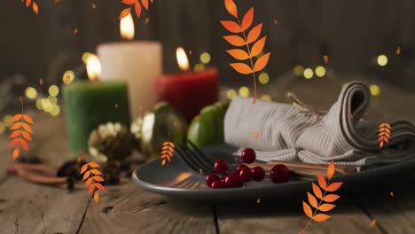 Animation-of-autumn-leaves-over-thanksgiving-dinner-place-setting-background