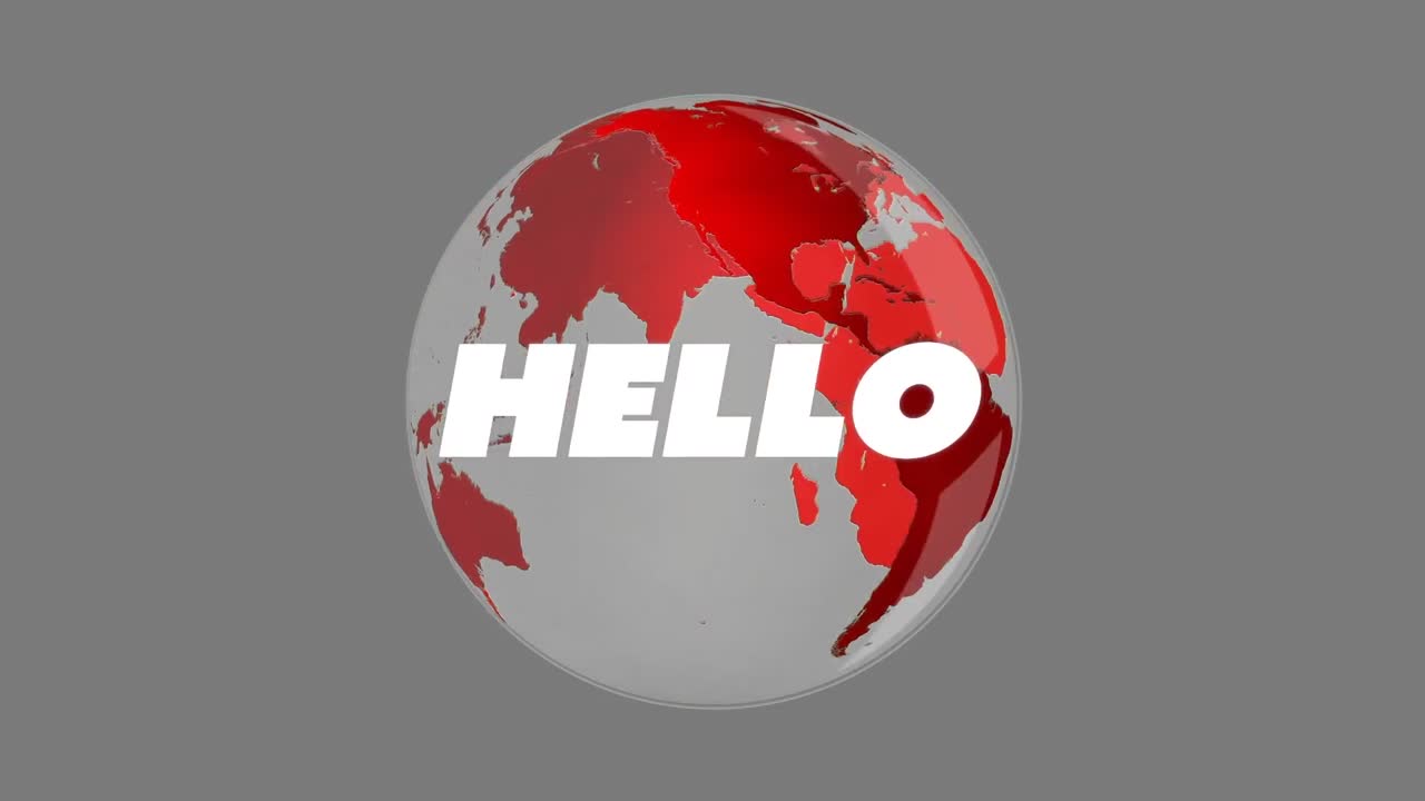 Animation of hello text over globe on dark background