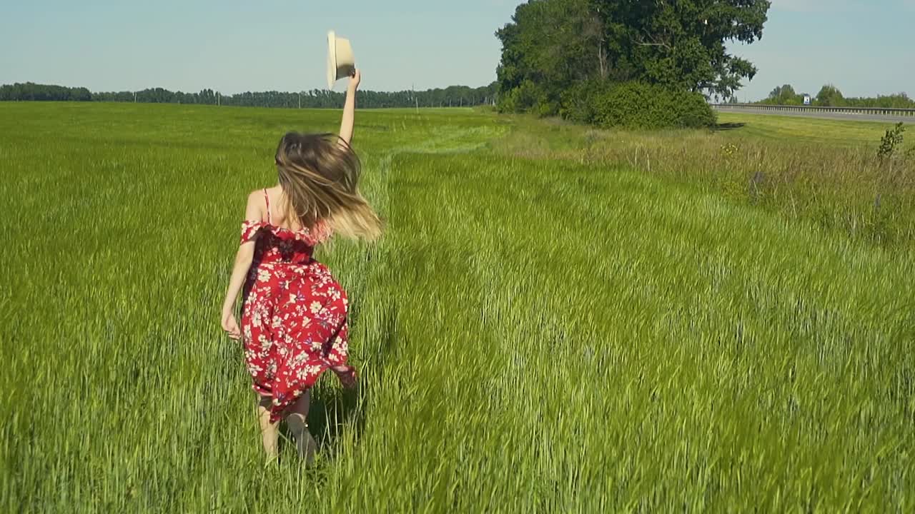 느린 동작 젊은 소녀는 바람에 날아다니는  ⁇ 은 드레스를 입고 녹색  ⁇ 을 가로질러 달린다. 그녀는 모자를 벗는다.