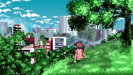 a pixel video footage of a boy sitting down under tree