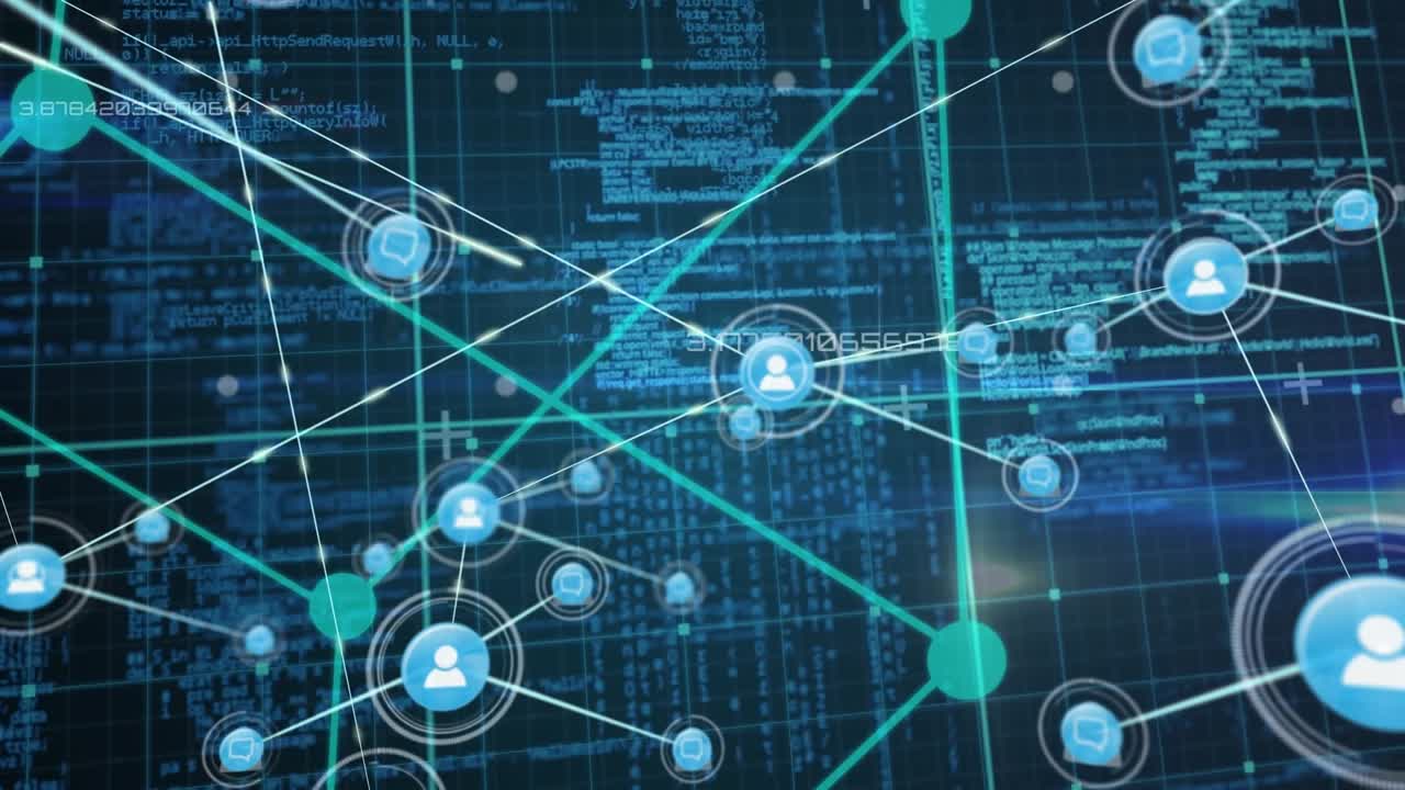 Animation of network of connections with icons and data processing