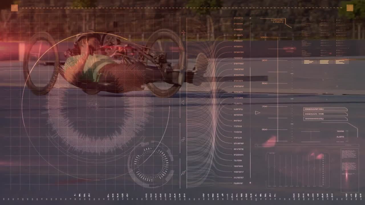 Animation of globe and data on digital interface over cyclist on recumbent cycle on sports track