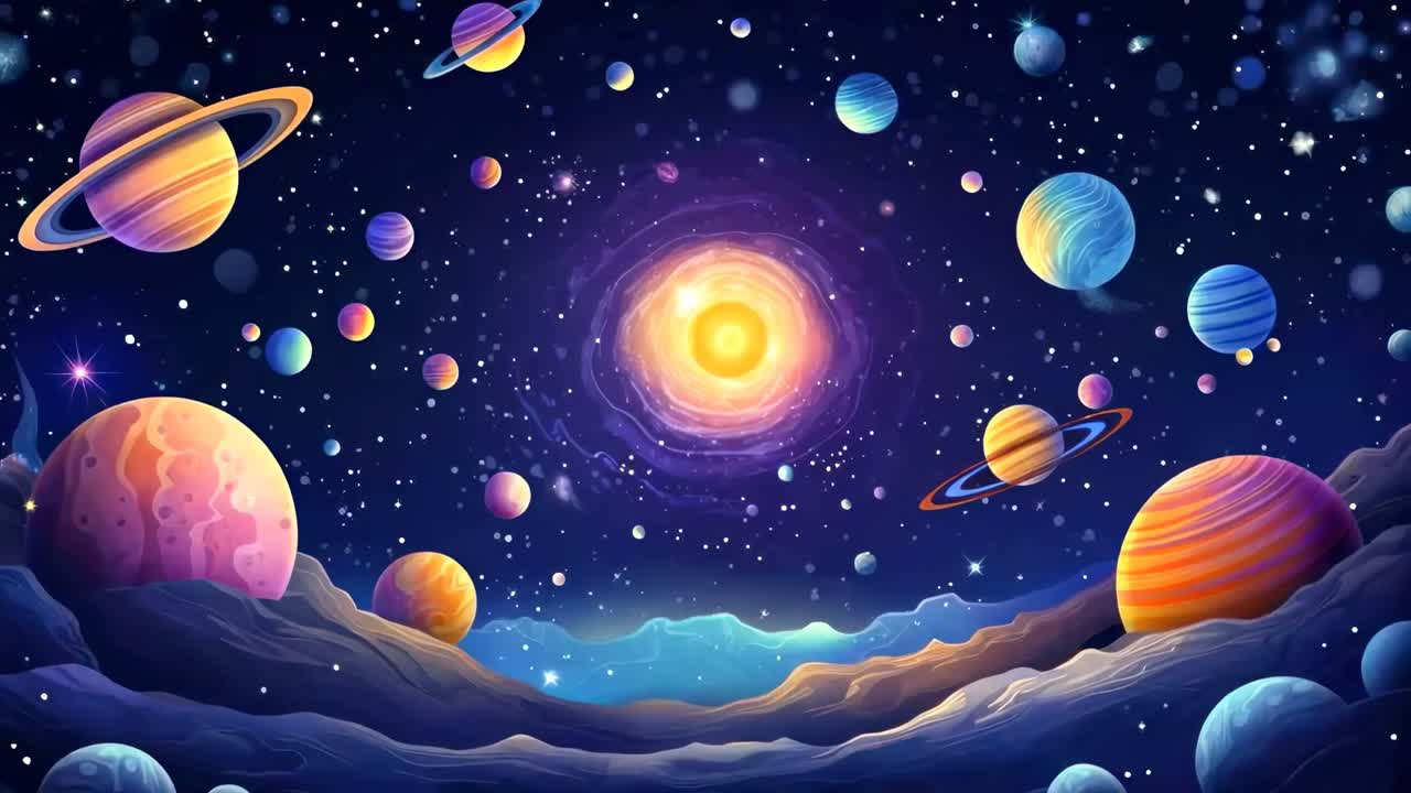 Vibrant cosmic scene with colorful planets and stars. Wide-angle view captures a dreamy