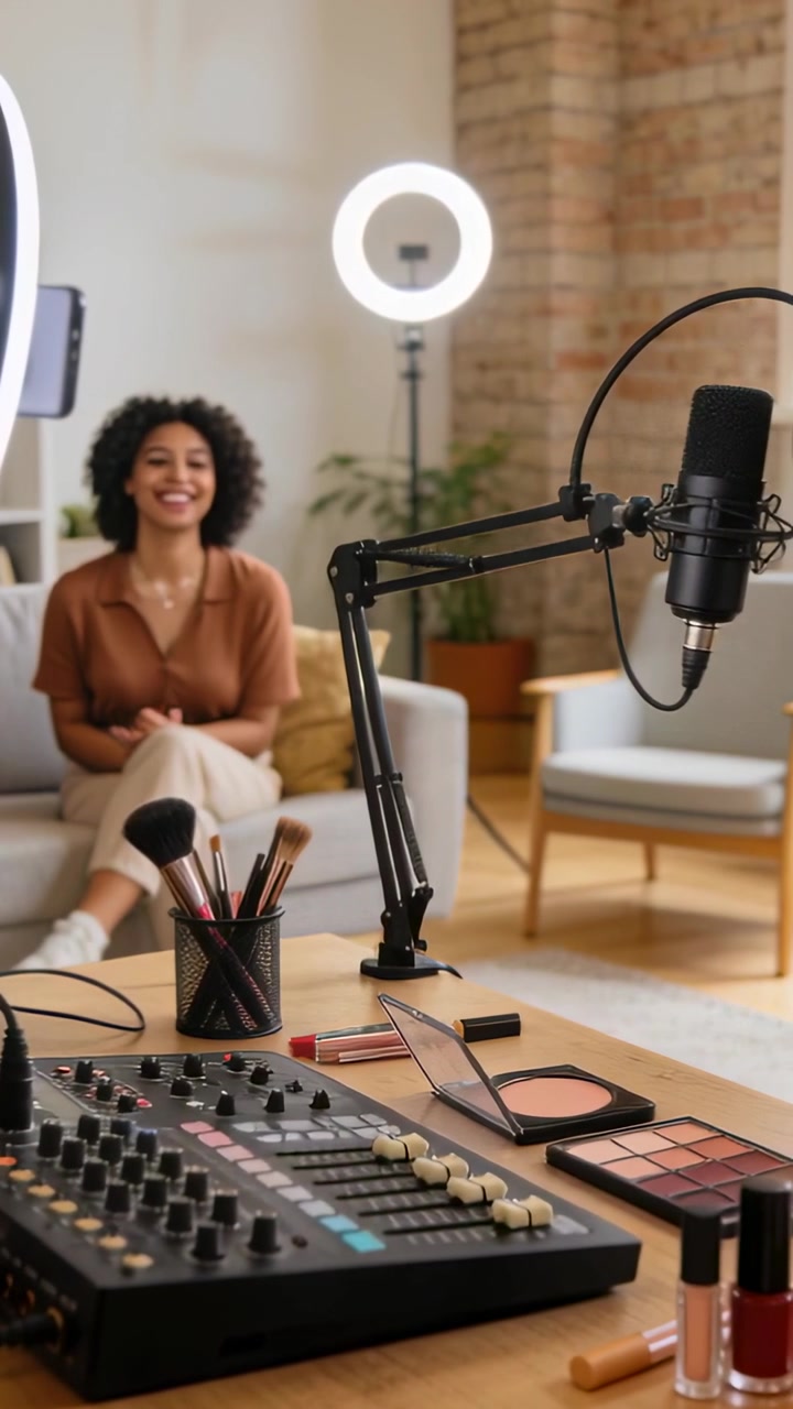 Vertical video: Focusing cam, woman in brown tee sitting at home fixing hair filming with ringlight
