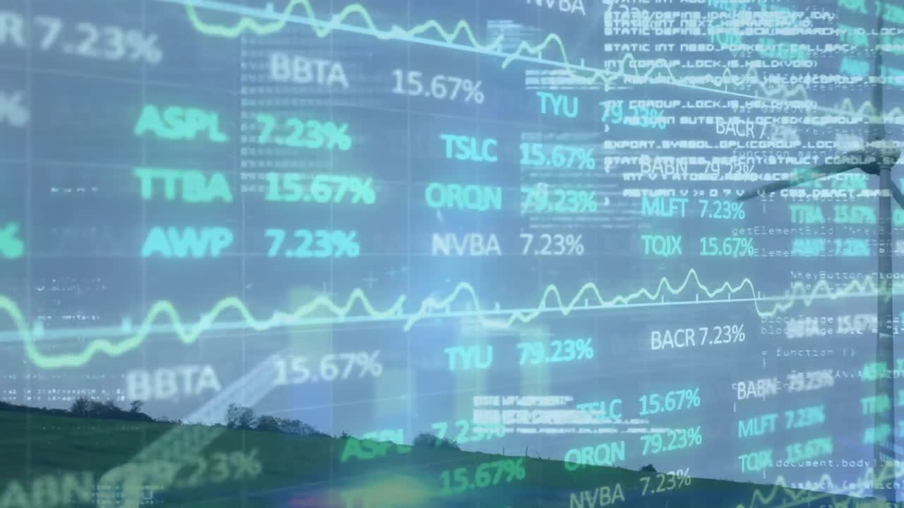 Animation of financial data processing over wind turbine