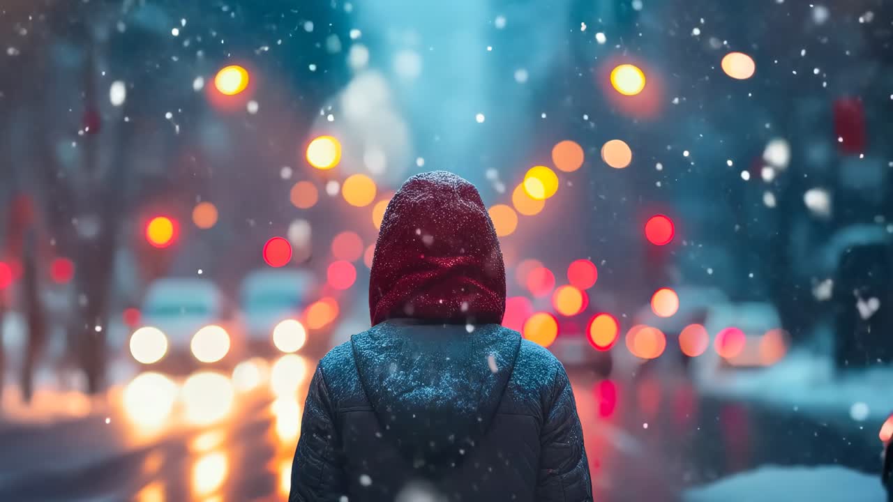 человек, стоящий посреди заснеженной городской улицы ночью
