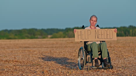 woman in wheelchair asking for help in field