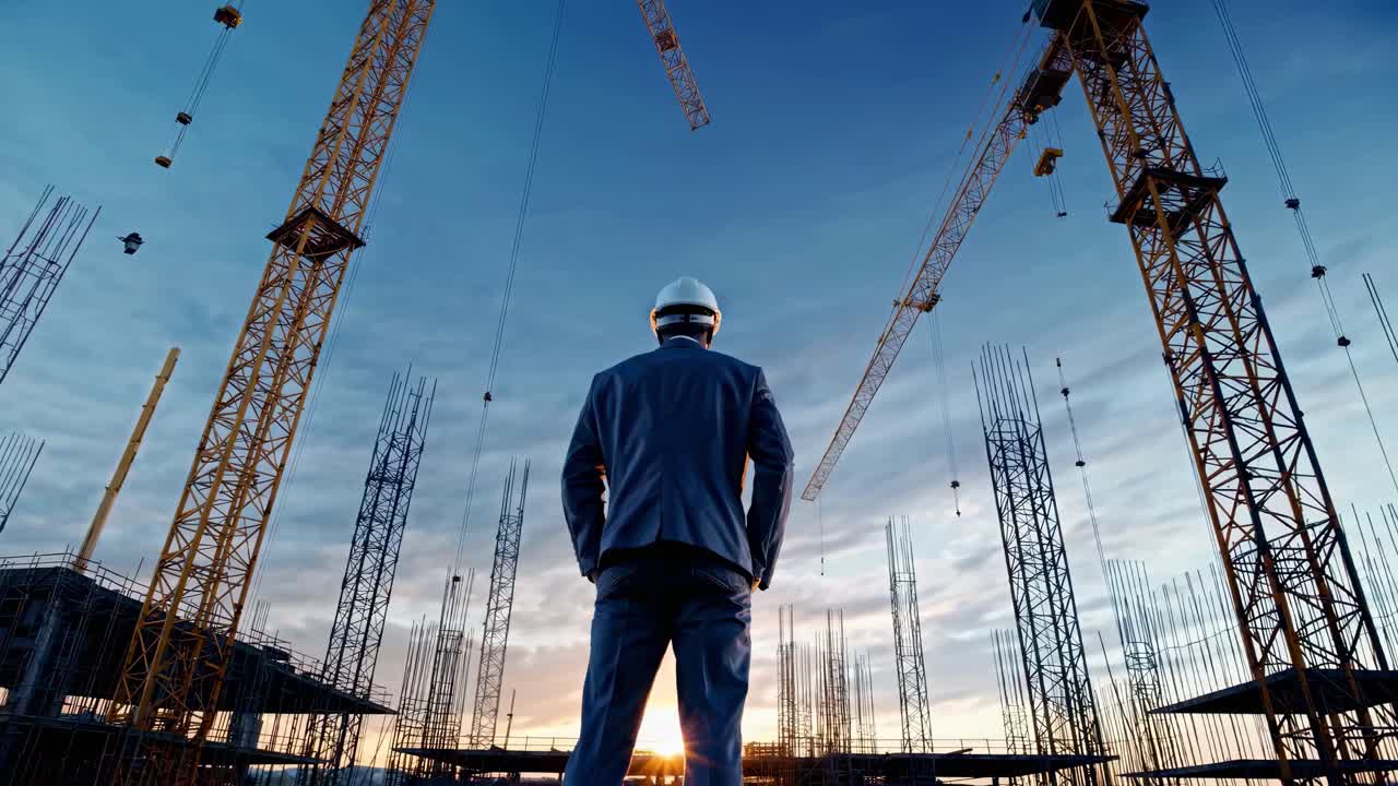 Low-angle shot of a construction site with a man in a suit and hard hat, surrounded by cranes