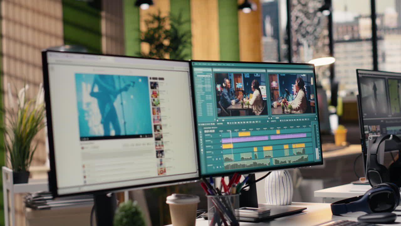Software de edição de vídeo vazio e plataforma de streaming em monitores duplos.