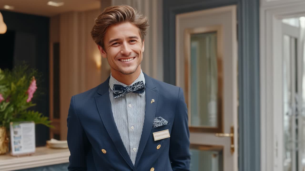 Charming Hotel Concierge Smiling in Stylish Uniform with Bow Tie, Capturing the Warmth of Hospitality and Professional Service in a Luxury Setting