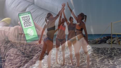 Animation-of-caucasian-woman-with-smartphone-with-covid-passport-over-women-on-beach