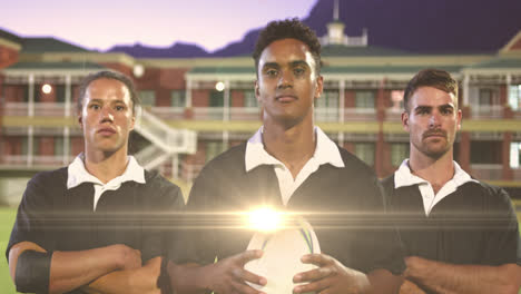 animation of glowing lights over diverse rugby players holding ball in rugby field