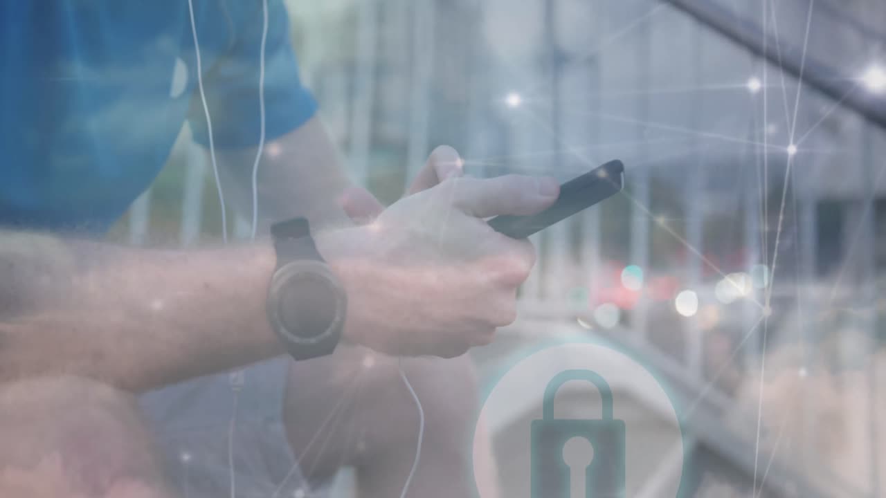 animación de la red que conecta puntos, hombre caucásico escuchando música en el teléfono mientras está sentado en los escalones