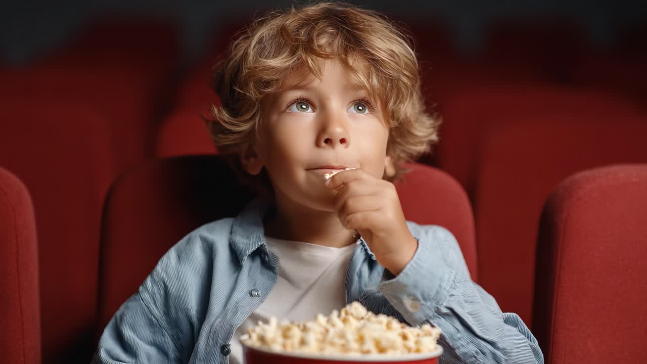A young child enjoying a cinematic experience in a theater, captivated by the film while savoring popcorn in a large bowl, surrounded by plush red seats