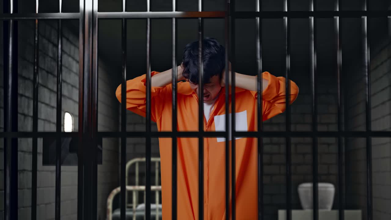 estresado prisionero masculino asiático gritando fuerte mientras está de pie en la cárcel