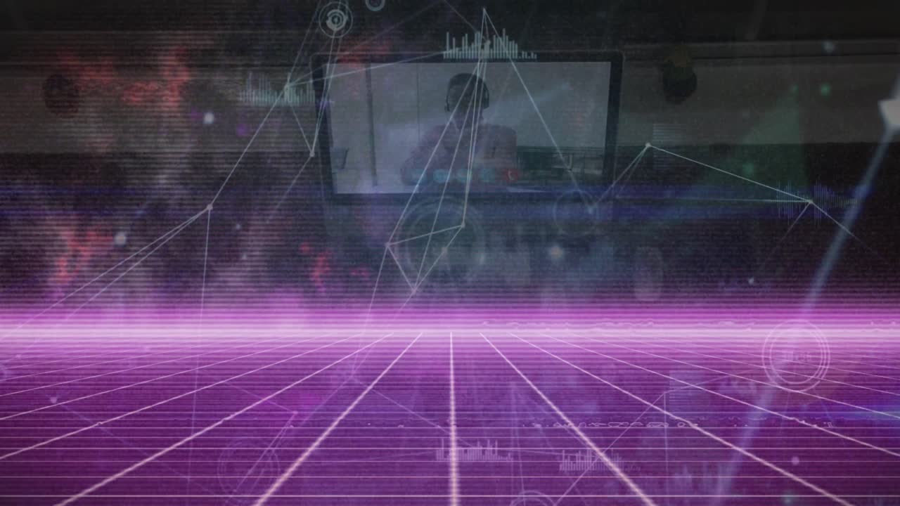 Animazione di elaborazione dati su schermo su rete di connessioni.
