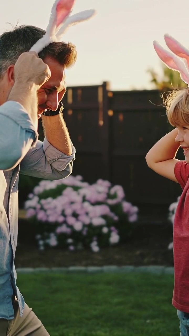 縦型動画：お揃いの父親がうさぎの耳を立て、息子も耳をつけて芝生で遊んでいる。デニムと赤いTシャツ姿。