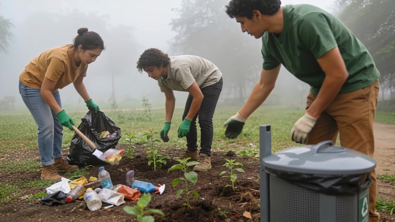 Lifting bin lid, three gloved people scooping litter with shovel into trash bag, planting saplings