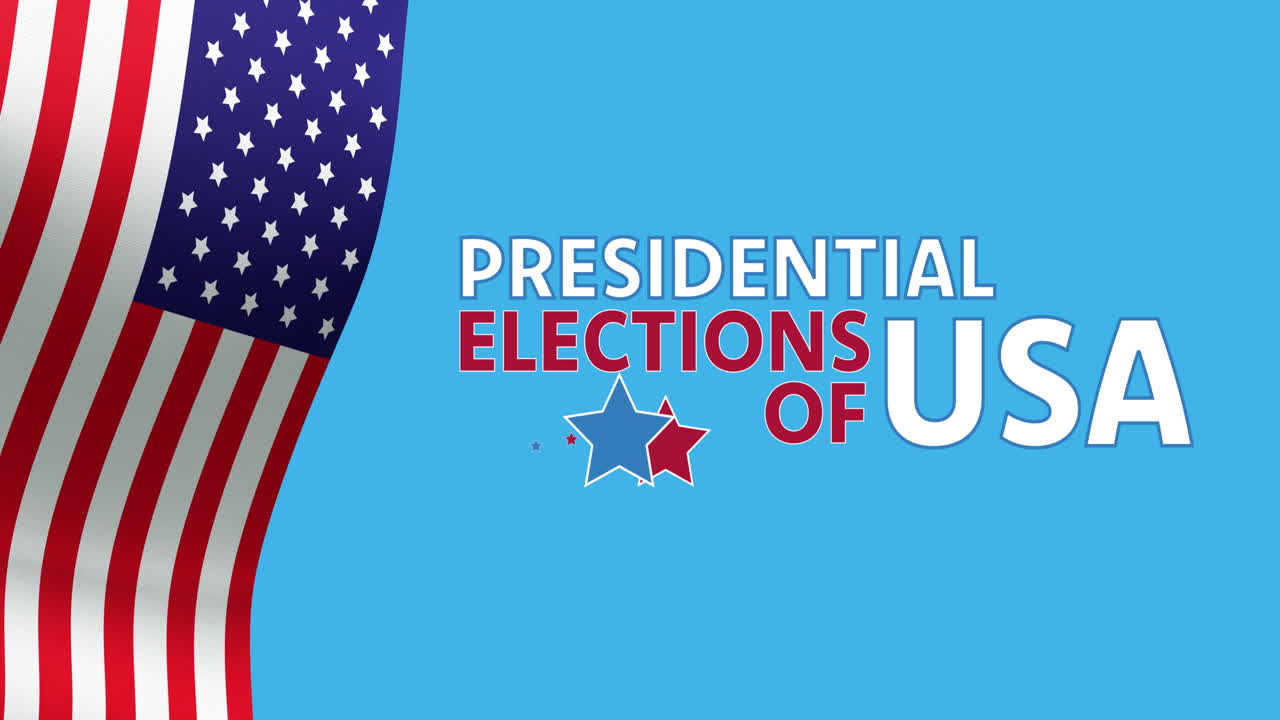 Animation of presidential elections of usa text and waving american flag on blue
