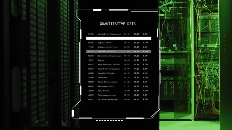Animatie van kwantitatieve gegevens over een serverruimte met groene verlichting