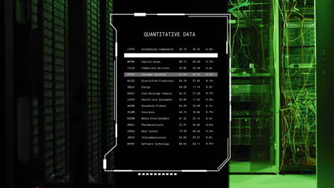 quantitative data animation over server room with green lighting