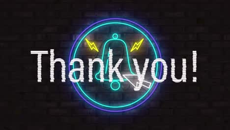 Digital-animation-of-thank-you-text-over-neon-blue-notification-bell-against-brick-wall