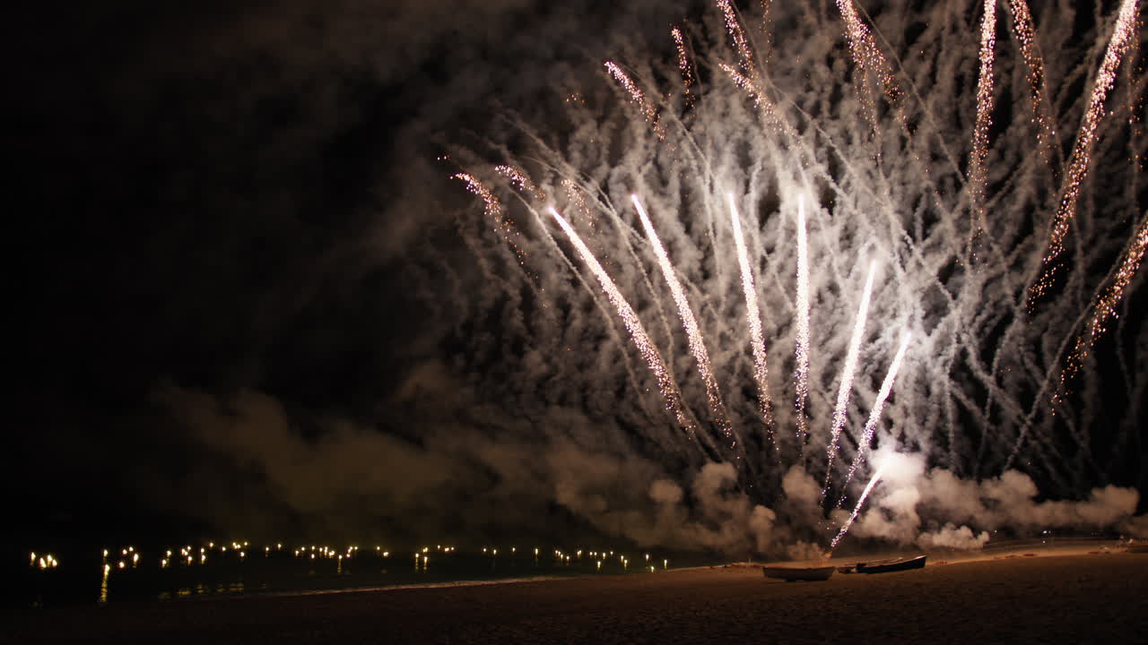 Fireworks display on the sandy beach near the ocean in the night sky
